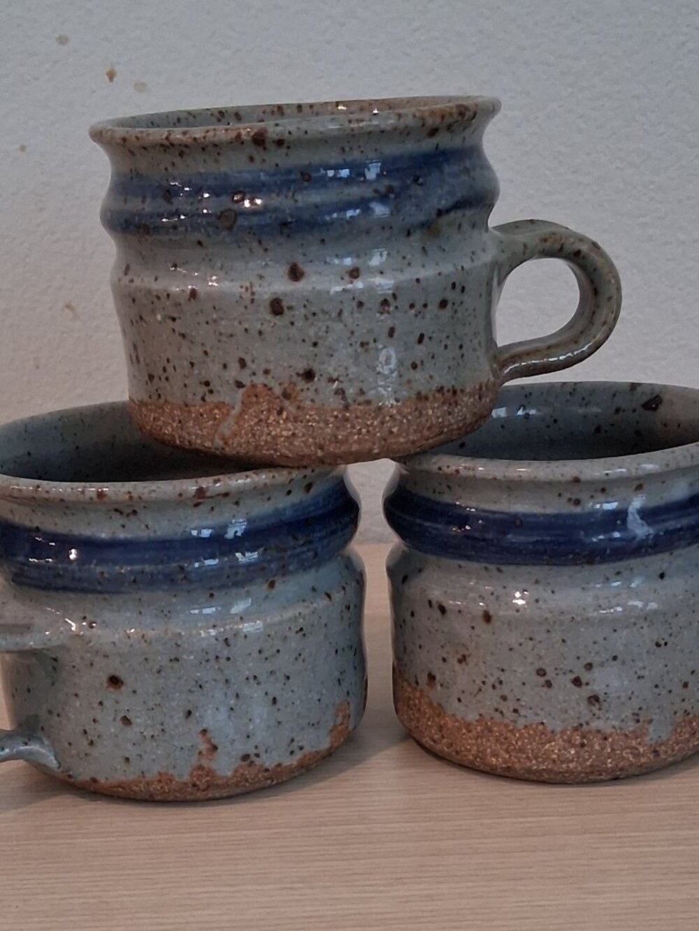 Vintage Studio Pottery Speckled Stoneware Mugs Blue Stripe Set of 3 Handmade